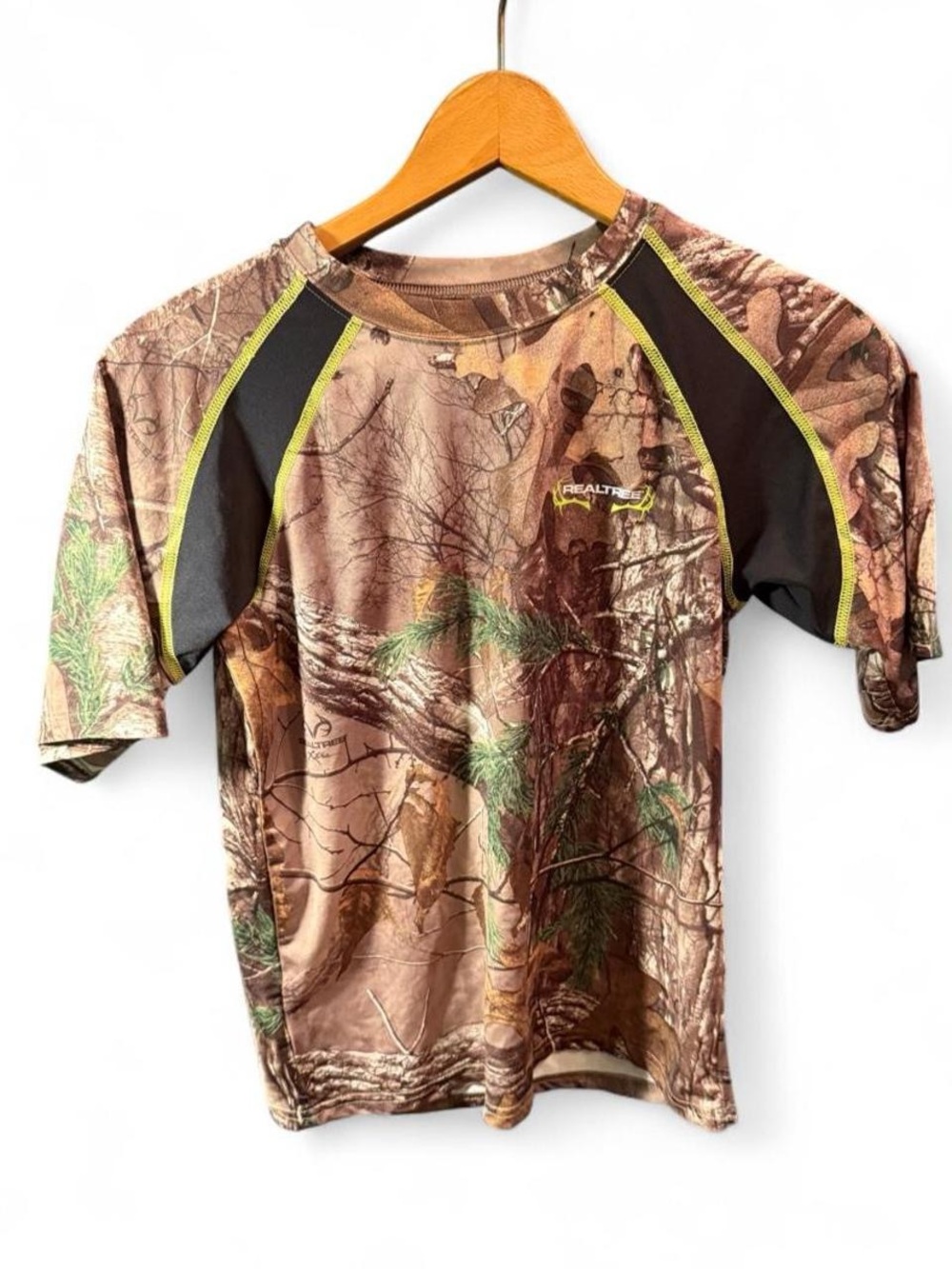 Realtree Camo Short Sleeve Tee with Black Panels and Yellow-Green Stitching